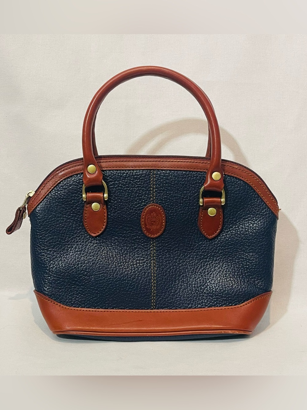 Vintage Liz Claiborne Pebbled Leather Two Tone Satchel Purse Navy Tan